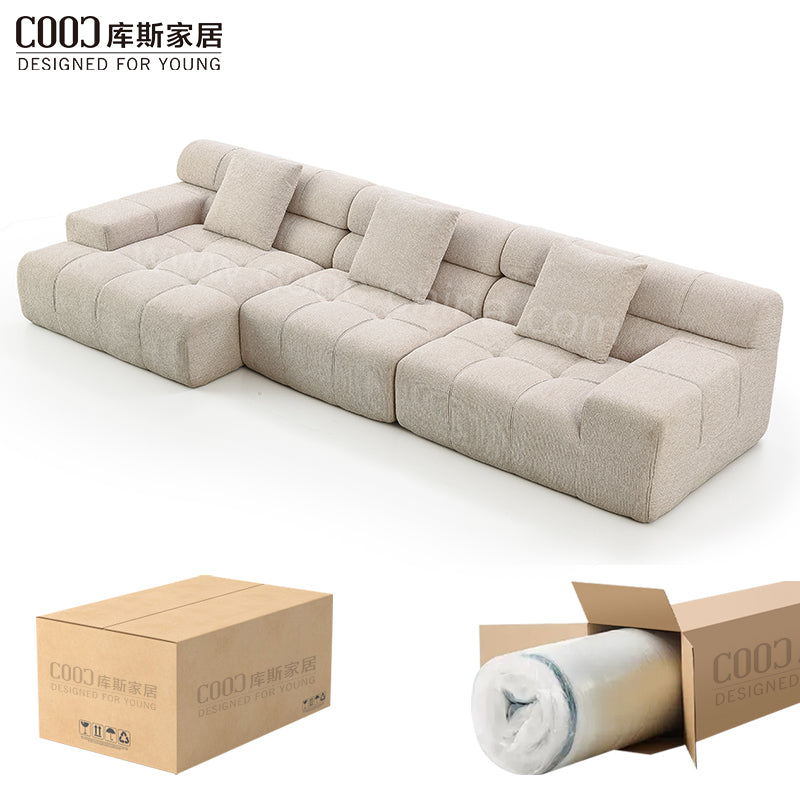 OEM ODM Modern Tufting Design Fabric Living Room Modular Sectional Vacuum Compressed 3 Seater Boneless Sofa with Chaise Lounge
